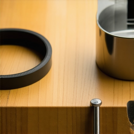 A side-by-side comparison of an old hardened espresso gasket and a new replacement gasket on a barista workstation.