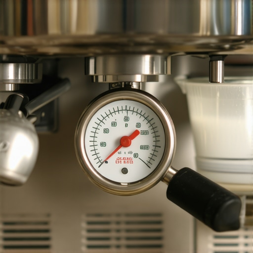 An espresso machine gauge showing 9 bars of pressure for optimal extraction.