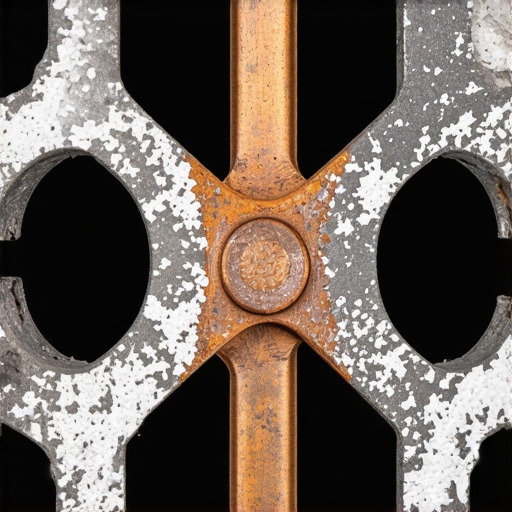 Close-up of white mineral scale buildup on a copper heating element from an espresso machine.