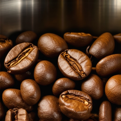 Dark Oily Coffee Beans in a Grinder Hopper Close-up of oily dark roast coffee beans inside a professional burr grinder hopper.