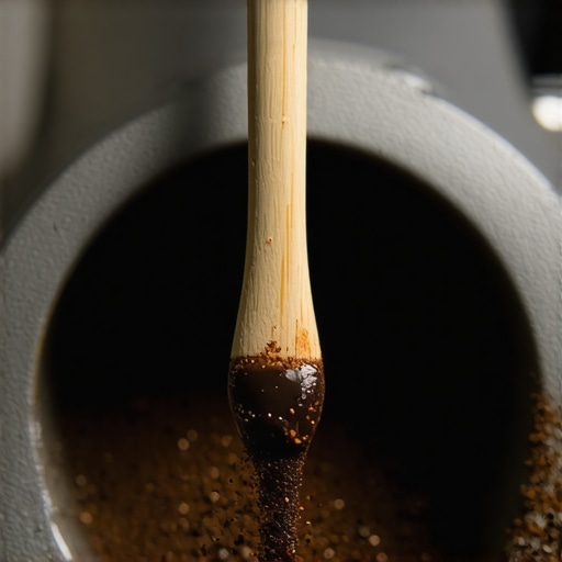 A close-up of coffee oil residue being removed from grinder threads with a toothpick