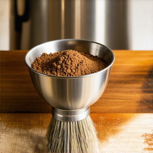 A person cleaning high-end espresso grinder burrs with a brush to remove oily residue.