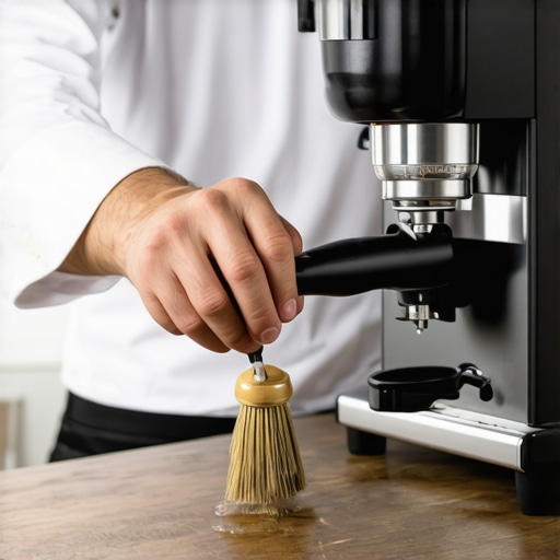 A barista cleaning a coffee grinder chute with a pipe cleaner to prevent clumping.