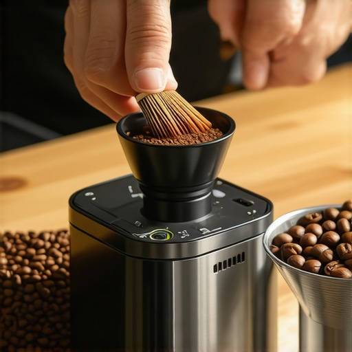 Deep Cleaning a Professional Burr Grinder Chute A person using a specialized brush to clean coffee grounds out of an espresso grinder chute.