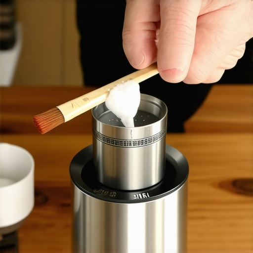 Close up of a barista using a cotton swab to clean a coffee grinder