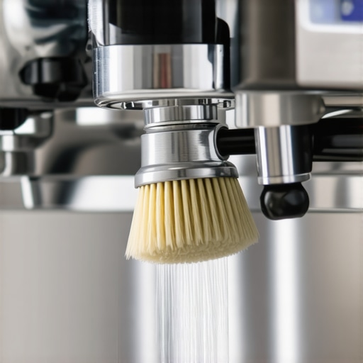 A barista cleaning the shower screen of an espresso machine with a brush to prevent clogs and channeling.