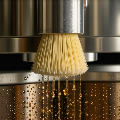 Close-up of a barista cleaning an espresso machine group head with a specialized brush