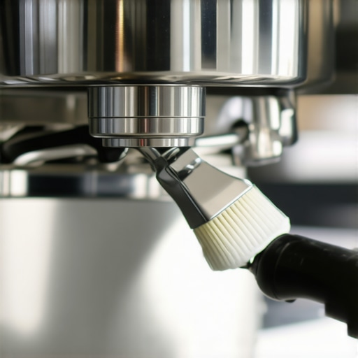 Close up of a barista cleaning an espresso machine group head with a brush