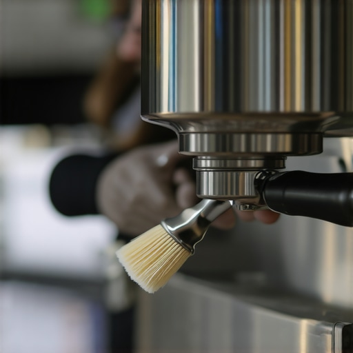 Close up of cleaning coffee oils from an espresso machine group head to maintain flavor quality.