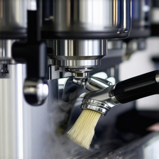 Close-up of a barista scrubbing an espresso machine group head to remove coffee oils.