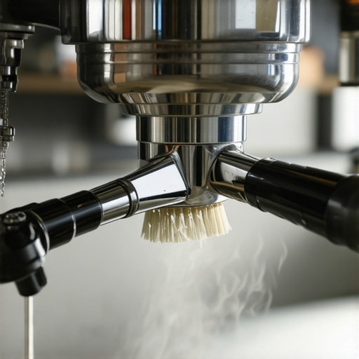 A barista using a group head brush to clean an espresso machine