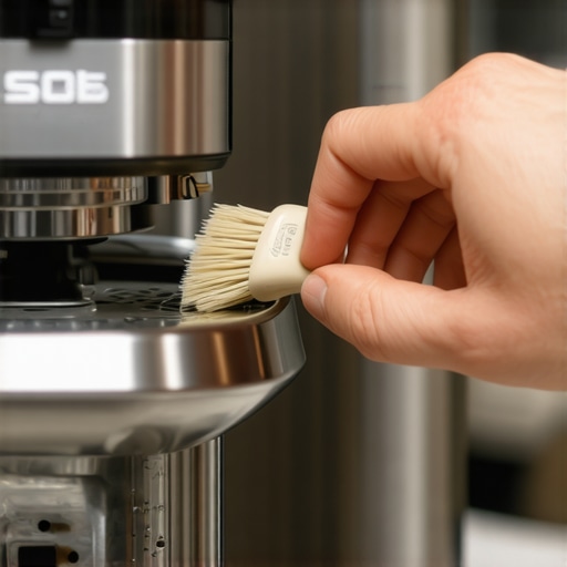A barista cleaning the shower screen of an espresso machine with a specialized brush.