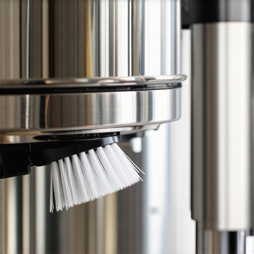 Close-up of cleaning a coffee machine group head with a brush