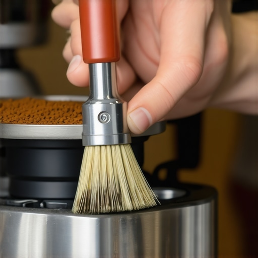 Deep cleaning a coffee grinder chute Barista cleaning the internal chute of a burr grinder with a brush.