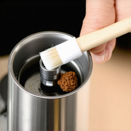 A person cleaning coffee oils and dust from the adjustment ring threads of a professional coffee grinder.
