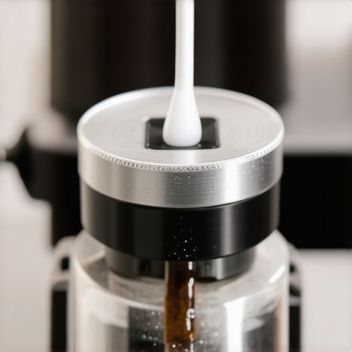 A cotton swab removing dark coffee oil residue from the metal threads of a professional grinder adjustment ring.