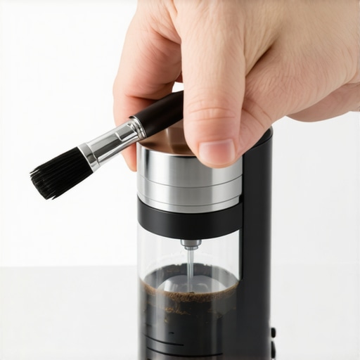 Home barista cleaning coffee grinder burrs with a brush for better maintenance