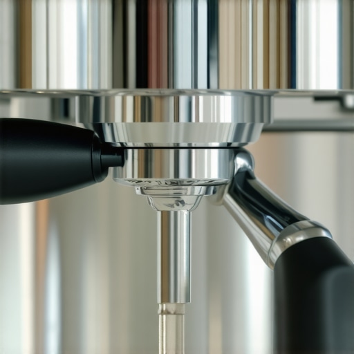 High-end espresso machine group head with water droplets during a pressure release cycle.