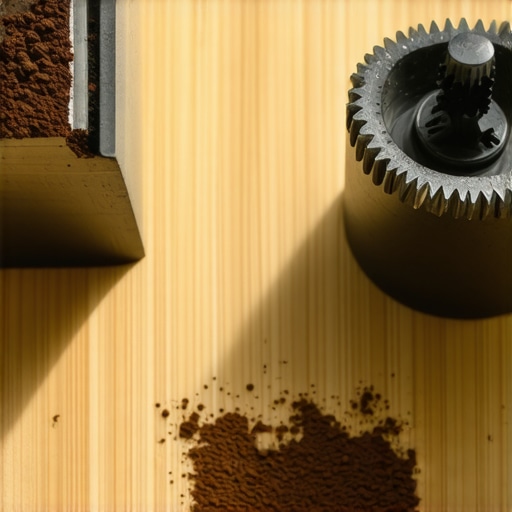 Detailed coffee grinder burr maintenance Disassembled espresso grinder burrs showing coffee residue for maintenance tutorial