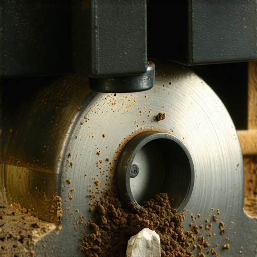 Macro shot of clogged espresso grinder burrs showing debris that causes motor strain.