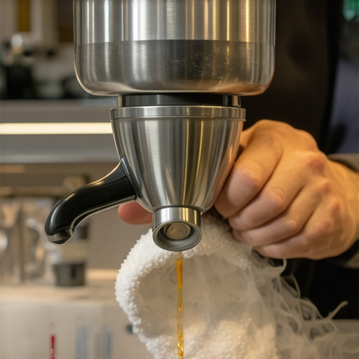Barista drying a hot espresso portafilter with a cloth to ensure thermal stability.