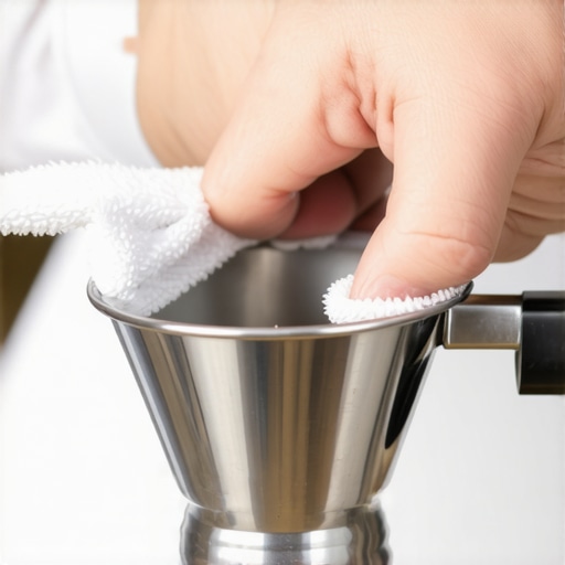 Drying an espresso basket with microfiber A hand drying a portafilter basket with a blue microfiber cloth to prevent channeling.