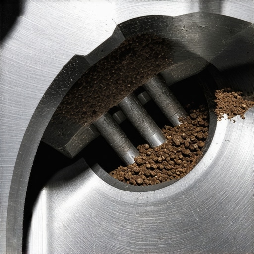 Close up of dull espresso grinder burrs showing wear and coffee oil buildup