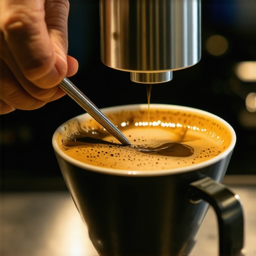 Barista using a WDT tool to break up clumps in a coffee portafilter for better extraction.