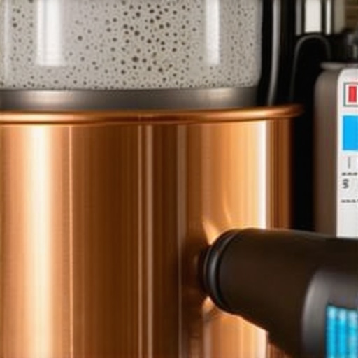 Internal view of espresso machine boiler with scale buildup and a water hardness test strip.