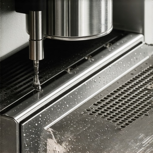 Close up of a stainless steel espresso machine drip tray showing water venting from the solenoid valve.