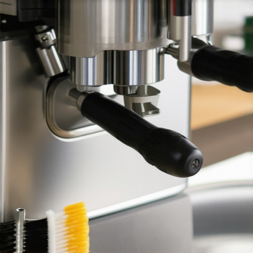 Close-up of lubricating an espresso machine group head for better performance