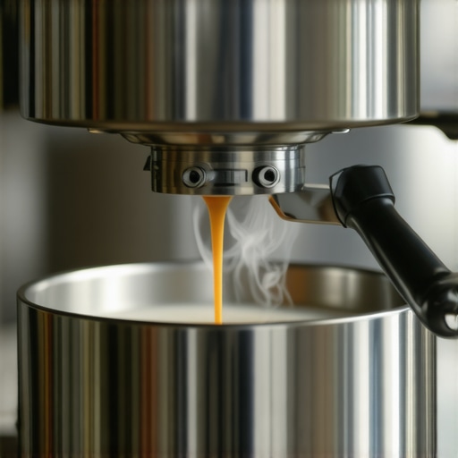 Close-up of a four-hole steam wand tip creating a vortex in a milk pitcher.