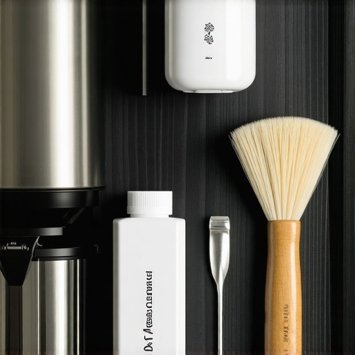 Collection of coffee machine maintenance tools including lubricant and brushes organized on a wooden counter.