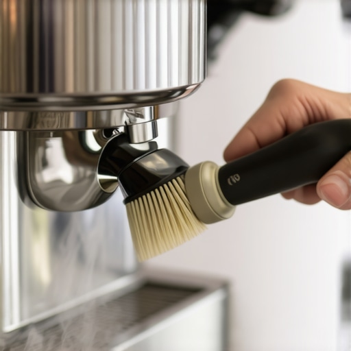 A barista cleaning the group head of an espresso machine with a brush and cleaning solution.
