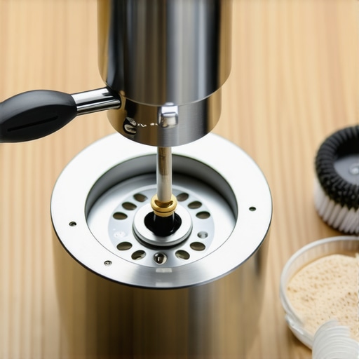 Close up of espresso machine group head maintenance with cleaning tools on a counter.