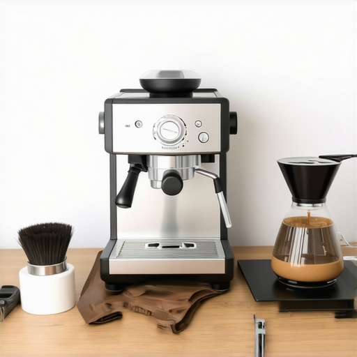 A collection of barista tools and cleaning supplies for maintaining a home espresso machine.