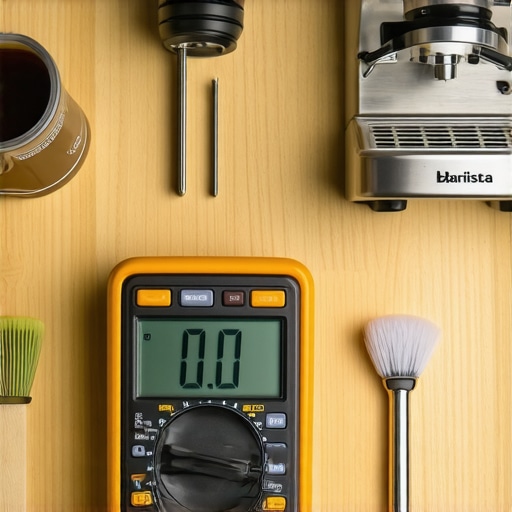 Espresso machine maintenance tools and multimeter on a counter