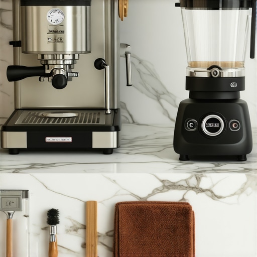Close-up of home espresso maintenance tools including a group brush and microfiber cloth next to an espresso machine