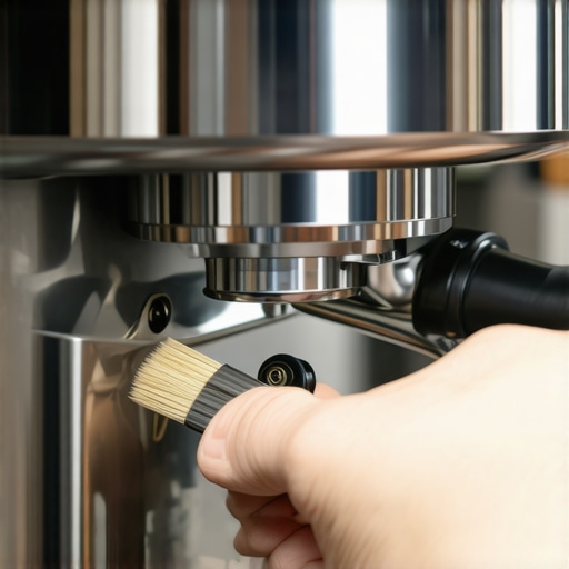 Close up of a person using a brush to remove coffee dust from a metal toggle switch.