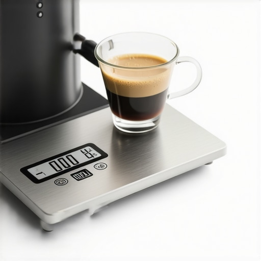 Close-up of a digital coffee scale measuring an espresso shot on a machine drip tray