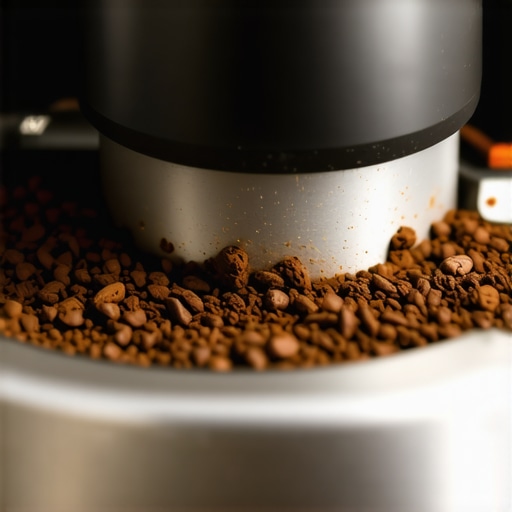 Close-up showing sticky coffee oil and grounds causing a blockage in a commercial coffee grinder.