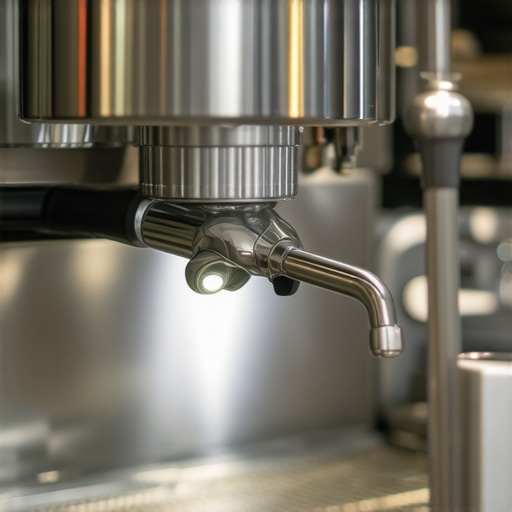 A barista using a penlight to check for scale and channeling in a professional espresso machine group head.
