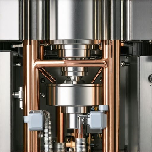 A detailed view of the internal copper piping and silicone hoses of a high-end home espresso machine.