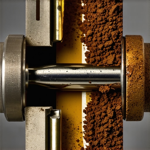 Close up of coffee oils and stale grounds stuck inside an espresso grinder