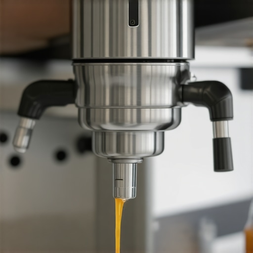Lubricating an E61 Espresso Machine Group Head A close-up of a barista applying food-safe lubricant to an espresso machine group head cam for maintenance.