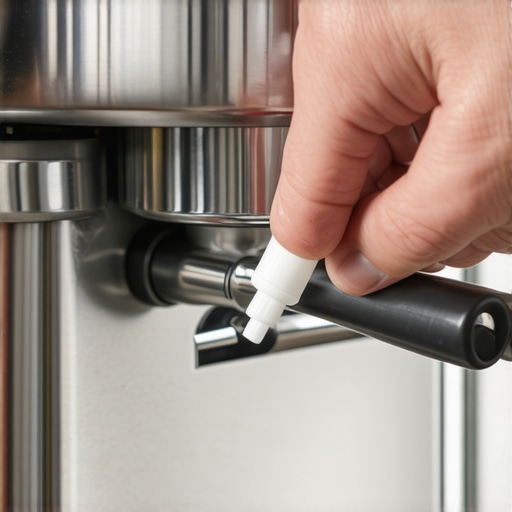 Lubricating an E61 Group Head Lever A person applying food-grade grease to an espresso machine lever cam for smooth operation.