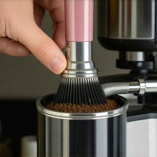Person cleaning coffee dust from the internal motor of a soundproofed grinder