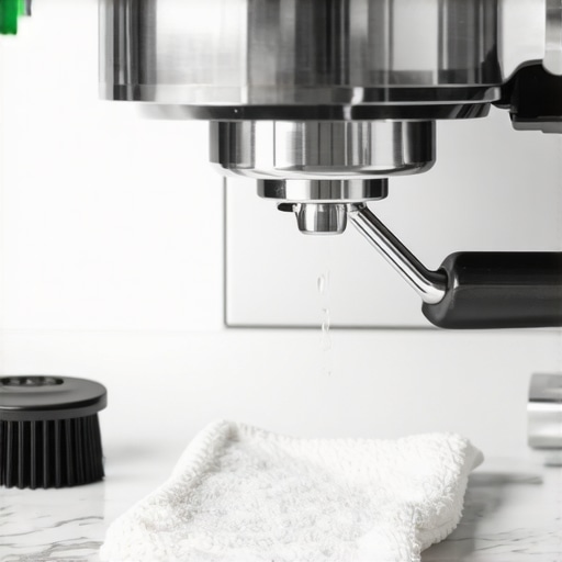 Close-up of espresso machine group head being cleaned with professional tools