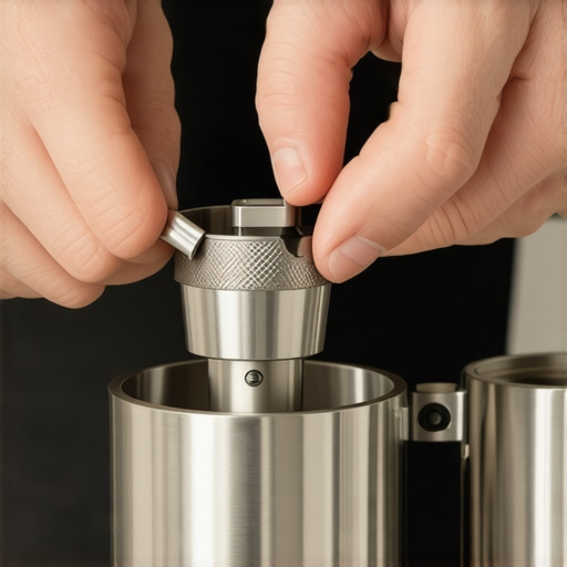 Close up of cleaning coffee grinder internals with vacuum and brush