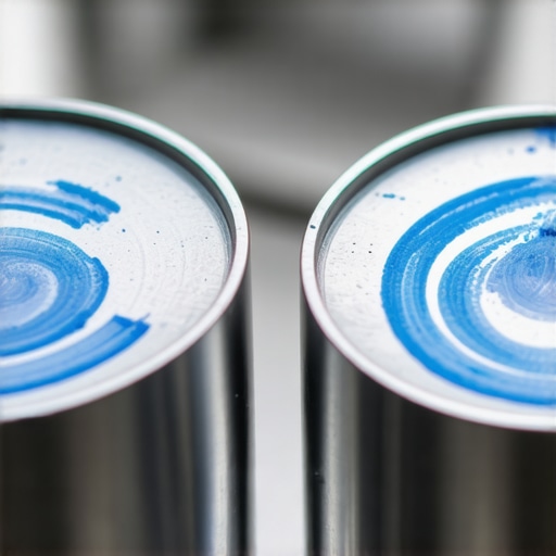 A close-up view of a coffee grinder burr with blue ink used for checking alignment.